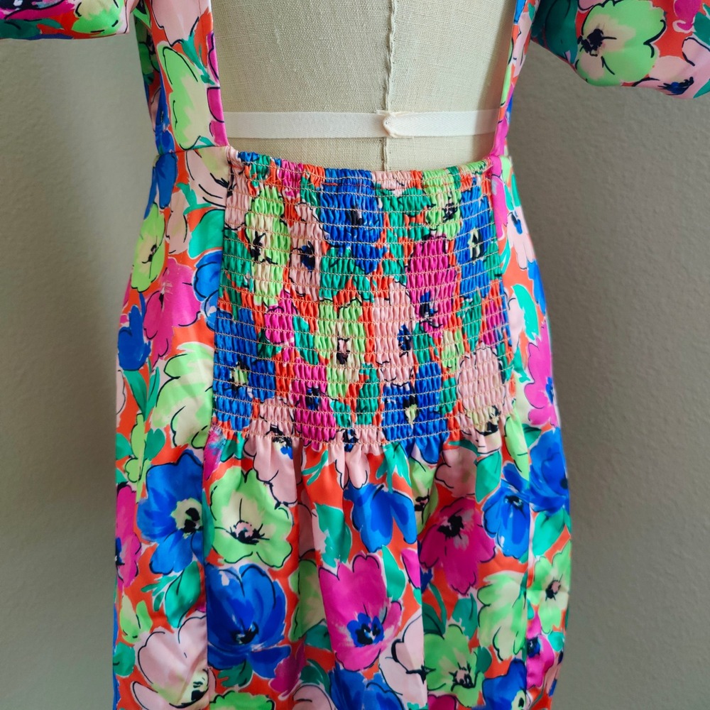 ROTATE Birger Christensen Floral Satin Puff Sleeve Mini Dress Open Back US 10 - Picture 9 of 16
